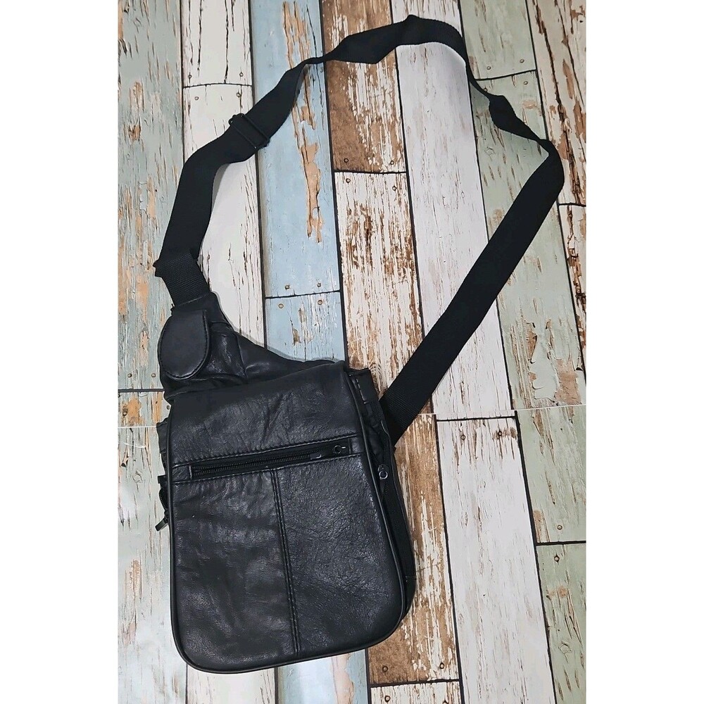 Buxton Leather Crossbody Sling Bag Black Pockets Canvas Strap Expandable